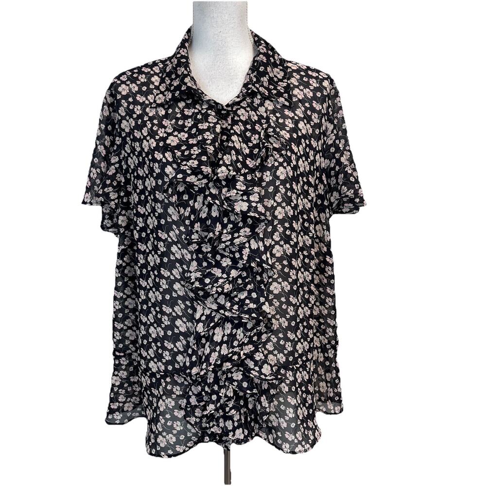 Chaps Blouse Top Plus size 3X Black Pink Floral Sheer Ruffles Career Church